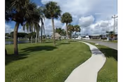 A paved walkway curves through a grassy area lined with palm trees under a partly cloudy sky. In the background, there are single-story buildings and utility poles.