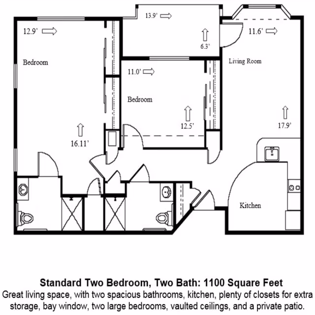 Floor plan of a standard two-bedroom, two-bath apartment with labeled rooms including two bedrooms, two bathrooms, a kitchen, and a living room. Dimensions are provided for each room. The layout shows closets, doors, and fixtures. Text below describes the apartment as 1100 square feet with spacious bathrooms, kitchen, closets, bay window, vaulted ceilings, and a private patio.