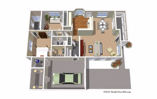 3D floor plan of a single-story home showing a garage with a car, a living room with seating and a fireplace, a dining area with a table and chairs, a kitchen, a bedroom, a bathroom, and an office or sitting room with a couch and desk.