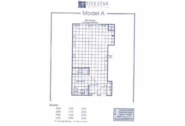 Architectural floor plan labeled Model A from Five Star Senior Living, showing a layout with an entry, bathroom with shower, closet, and a large main room with bay or double window. The plan includes measurements and symbols for telephone, electrical, and cable TV outlets.