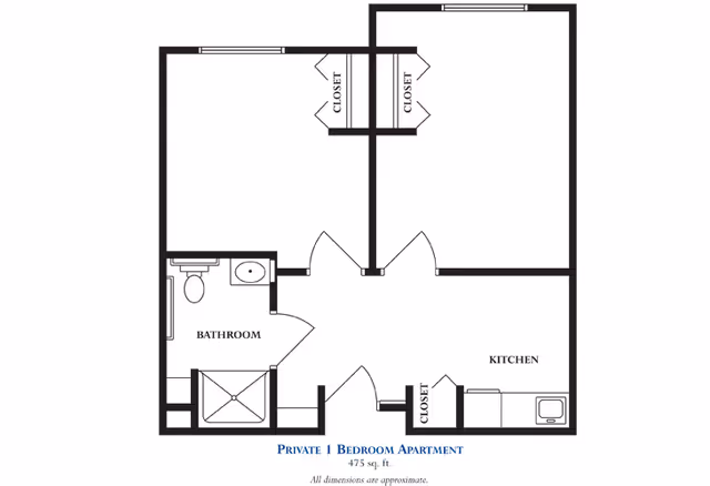 Floor plan of a private one-bedroom apartment showing a bathroom, kitchen, bedroom, closets, and entry area with a total area of 475 square feet.