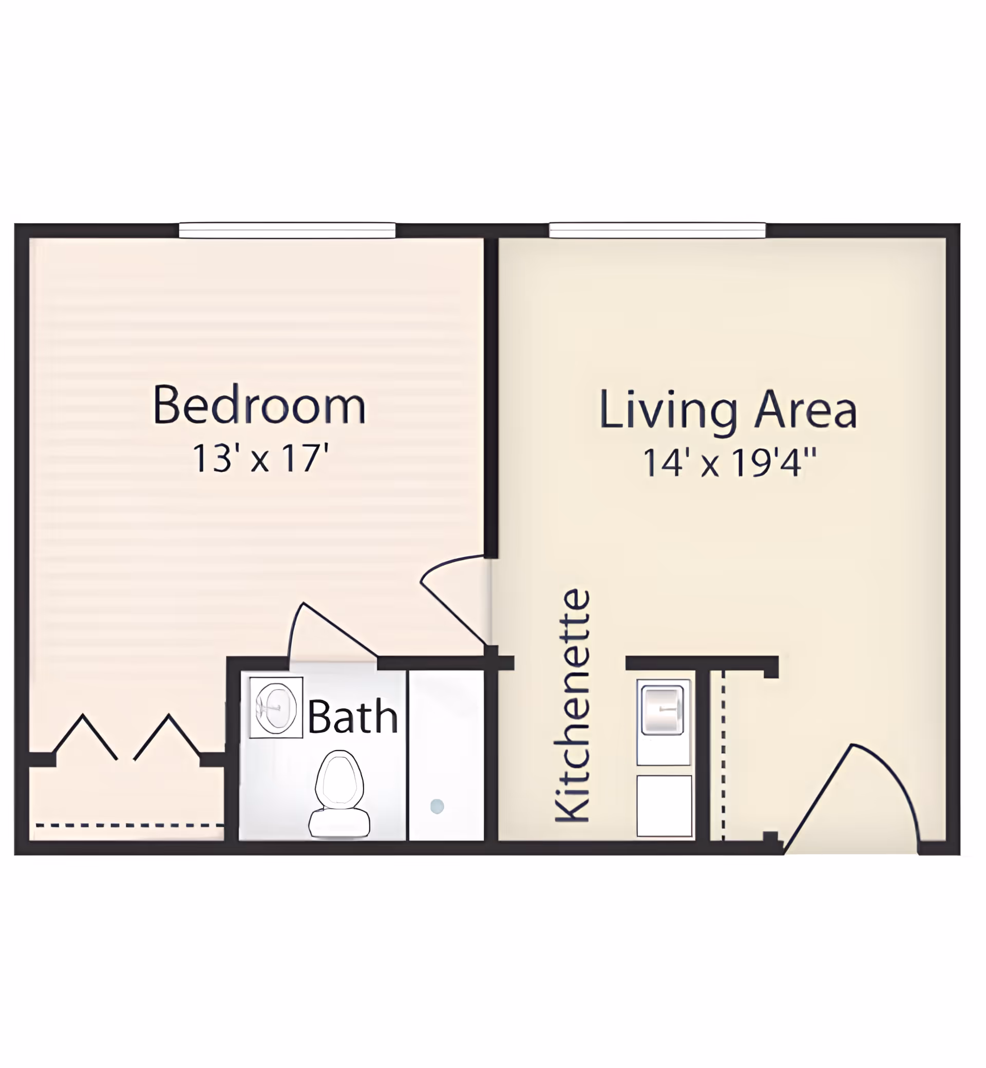 Floor plan of a senior living unit showing a bedroom measuring 13 feet by 17 feet, a bath with a toilet and sink, a kitchenette, and a living area measuring 14 feet by 19 feet 4 inches.