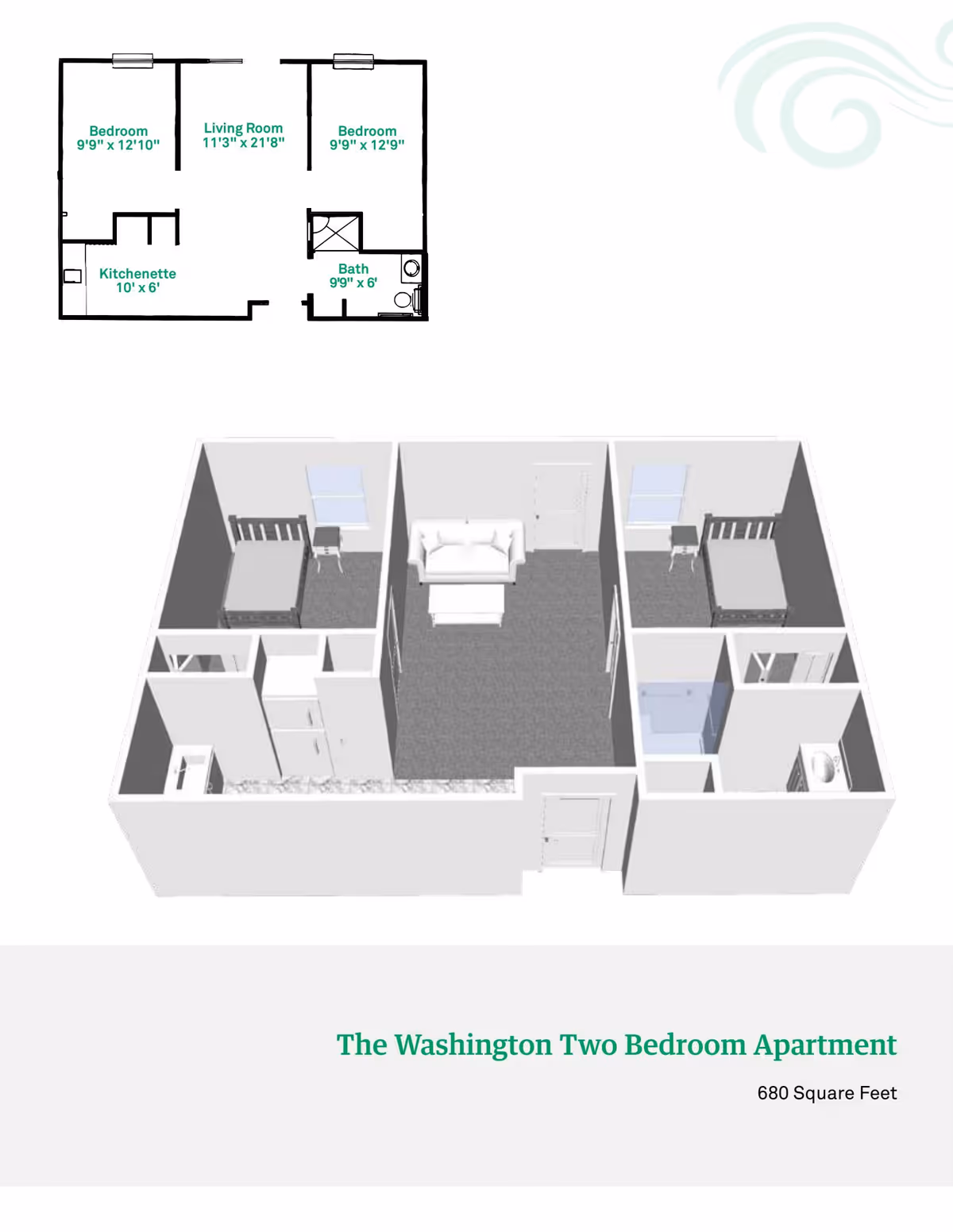 3D floor plan and 2D layout of The Washington Two Bedroom Apartment at Meadow Lakes Assisted Living and Garden Homes, showing two bedrooms, a living room, kitchenette, and bathroom with dimensions.