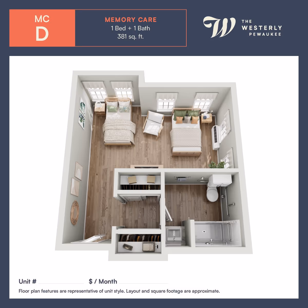 3D floor plan of a memory care unit at The Westerly Pewaukee showing a 1 bedroom, 1 bathroom layout with two beds, a chair, a bathroom with a toilet and shower, a closet, and wooden flooring.