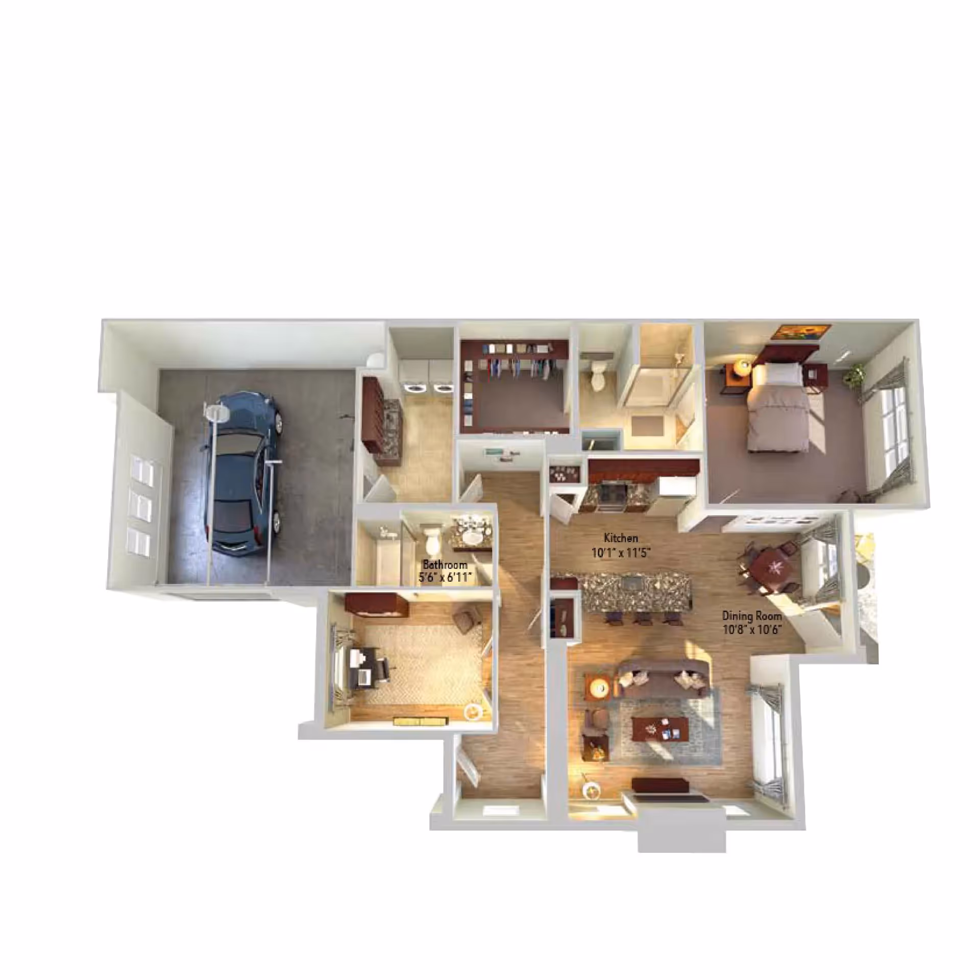 3D floor plan of a single-story home showing a garage with a car, a bathroom, a kitchen with an island, a dining room, a living room, a bedroom, and a study room. The layout includes furniture and room dimensions.