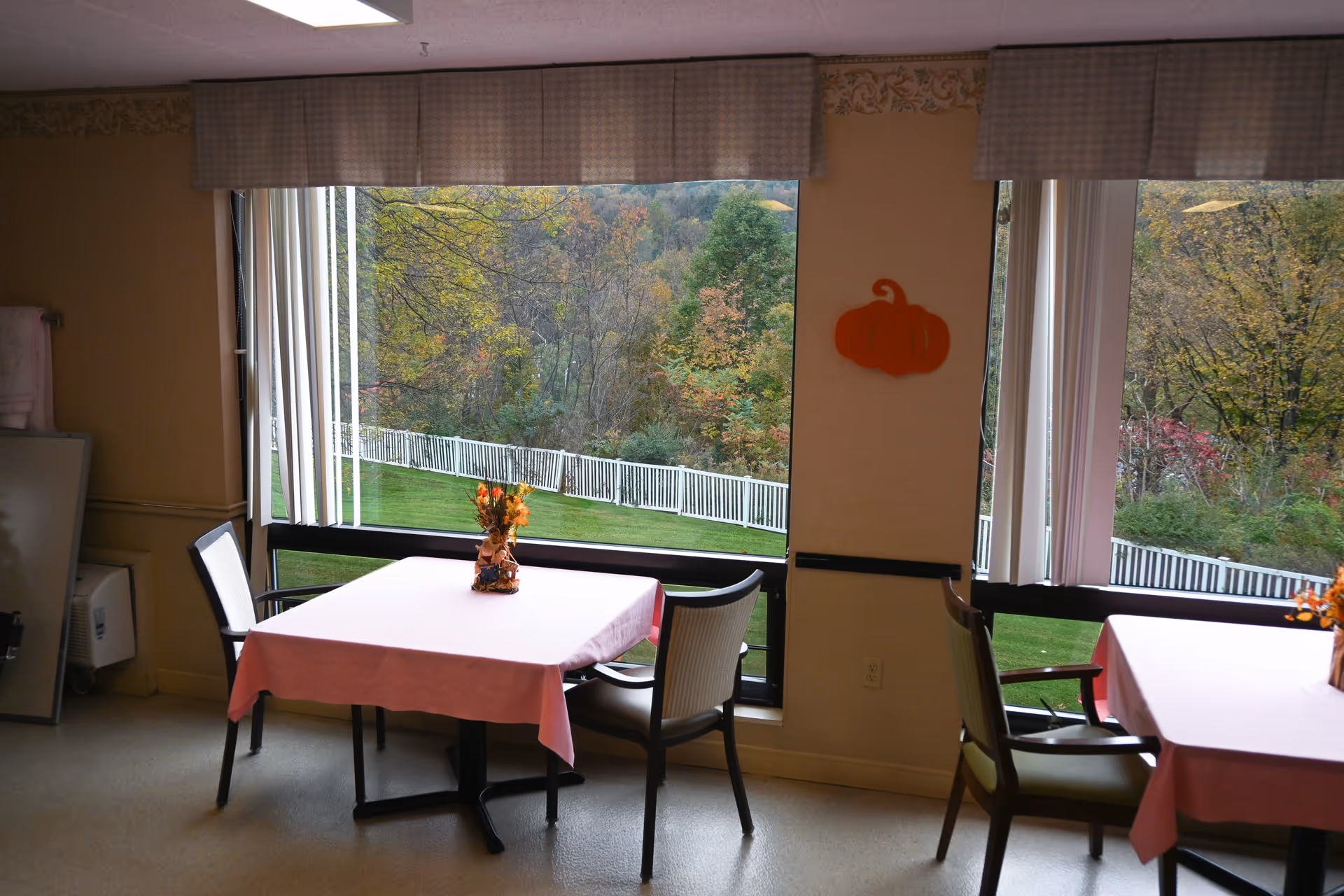 A dining area with two tables covered in pink tablecloths, each with a small floral centerpiece. The room has large windows showing a green lawn and trees with autumn foliage outside. There is a small orange pumpkin decoration on the wall between the windows.