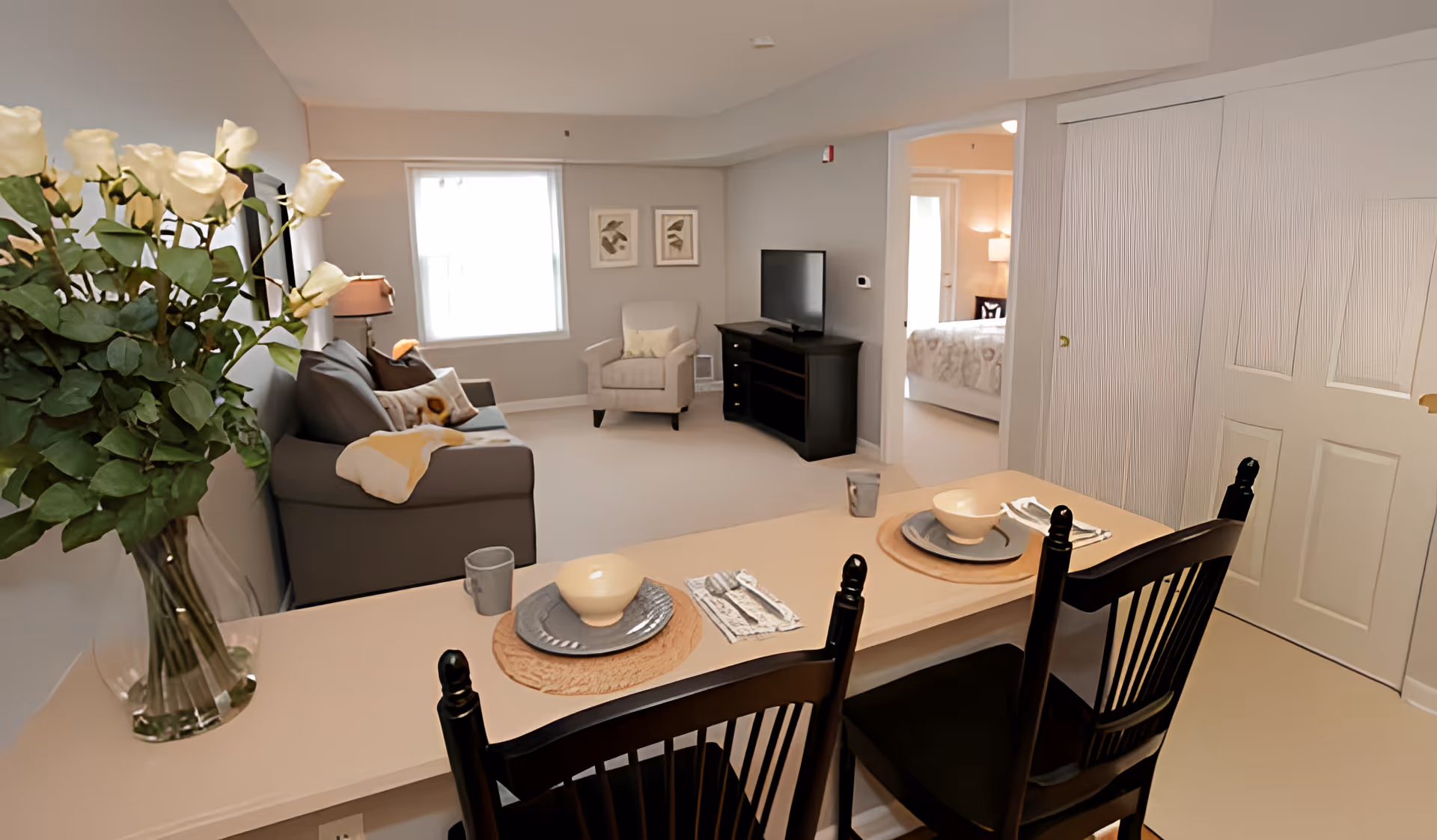 Open-plan living area with a counter set for two, a vase of roses, sofa and armchair, TV stand, and a doorway to a bedroom.