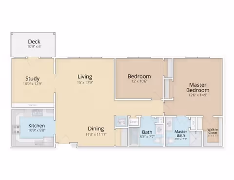 Floor plan of an apartment at Granite Hill Estates showing a deck, study, living room, kitchen, dining area, bedroom, master bedroom with walk-in closet, bath, and master bath with dimensions.