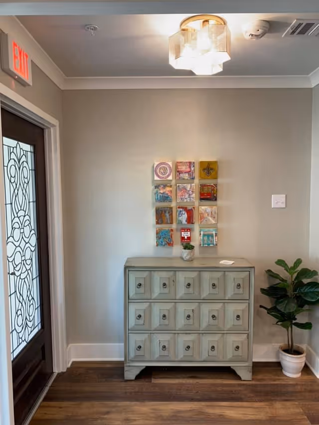 Foyer with a decorative multi-drawer chest beneath colorful wall art, a potted plant, patterned glass entry door, and an overhead light.