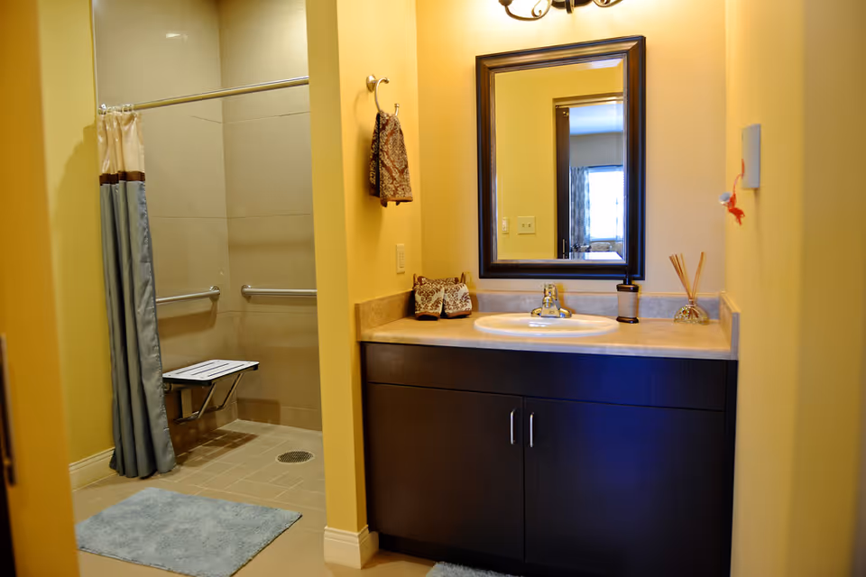 Bathroom featuring a sink vanity with mirror and an accessible tiled shower with a fold-down seat and curtain.