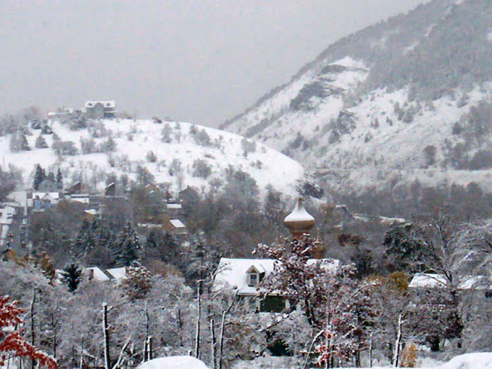 Snow-covered landscape with houses and trees in the foreground and hills in the background, all blanketed in snow under a gray sky.