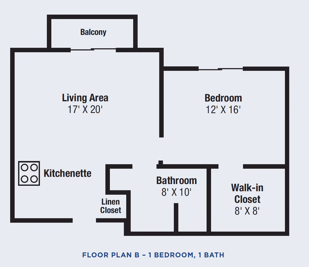 Floor plan diagram of a one-bedroom, one-bath apartment showing a living area with balcony, kitchenette, bedroom, bathroom, linen closet and walk-in closet with dimensions.