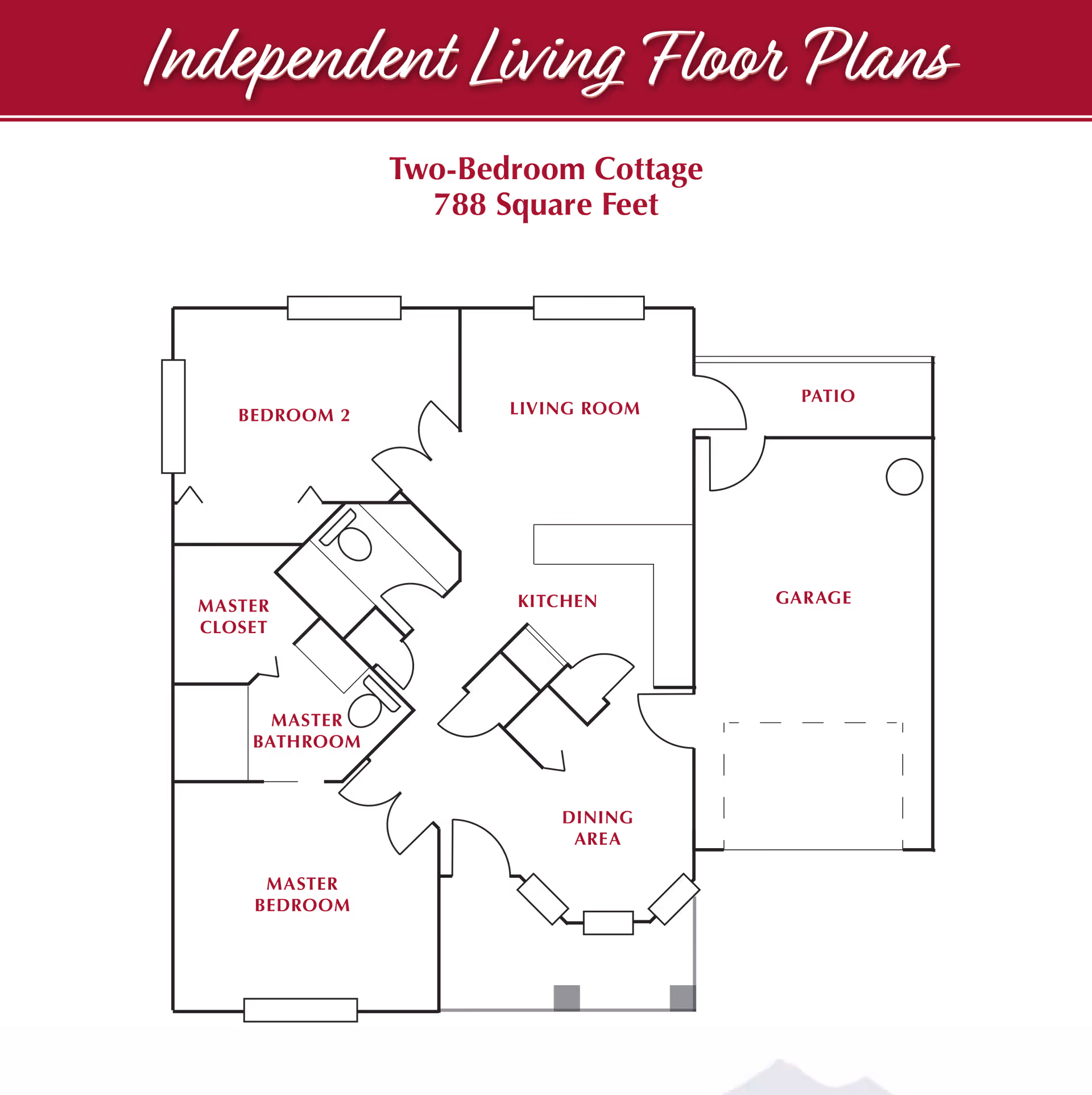 Floor plan of a two-bedroom cottage with 788 square feet, showing labeled rooms including master bedroom, master closet, master bathroom, bedroom 2, living room, kitchen, dining area, patio, and garage.