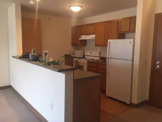 Interior view of a kitchen area in a senior living facility with wooden cabinets, a white refrigerator, a white stove with an overhead vent, a microwave, and a countertop with decorative plants and tableware.