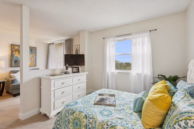 Bright, tastefully decorated bedroom featuring a patterned bed with colorful pillows, a white dresser with a TV, and a window with sheer curtains looking toward a living area.