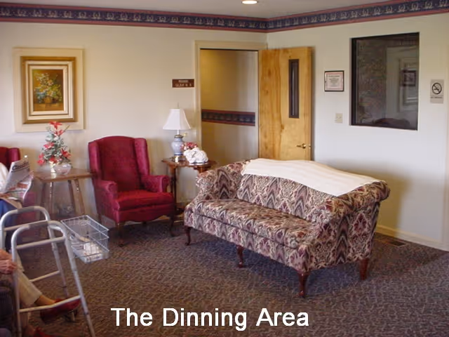 A small sitting area with a patterned sofa, a red armchair, a side table with a lamp and flowers, a walker, and a partially open wooden door. The walls are light-colored with a decorative border near the ceiling. A framed picture hangs on the wall, and there is a window with a no smoking sign visible. The carpet is patterned, and the text 'The Dinning Area' is overlaid at the bottom of the image.
