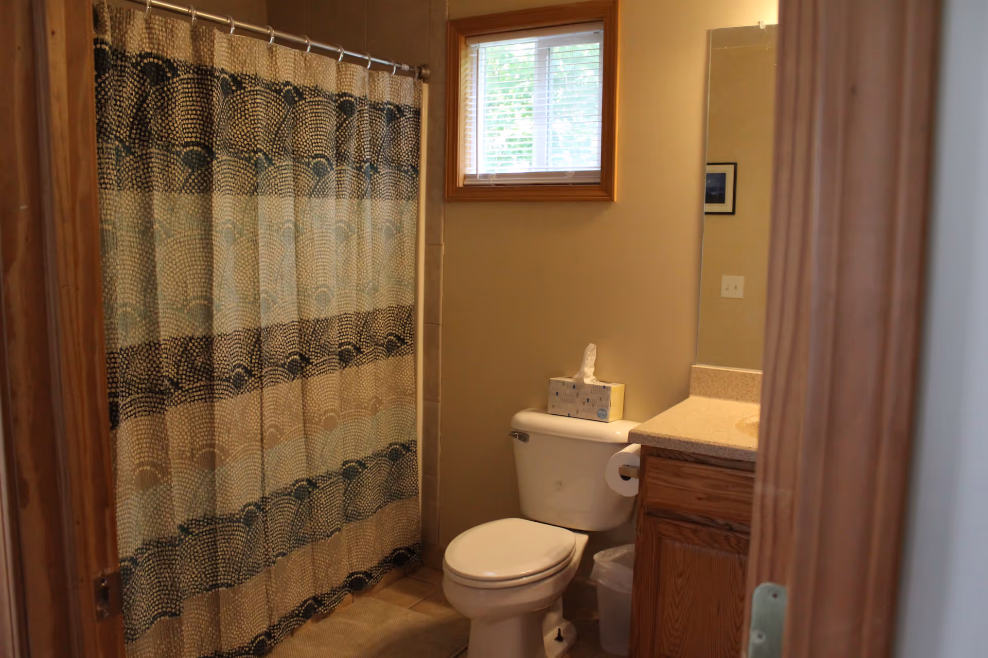 Small bathroom with a patterned shower curtain, toilet, sink vanity and a small window.