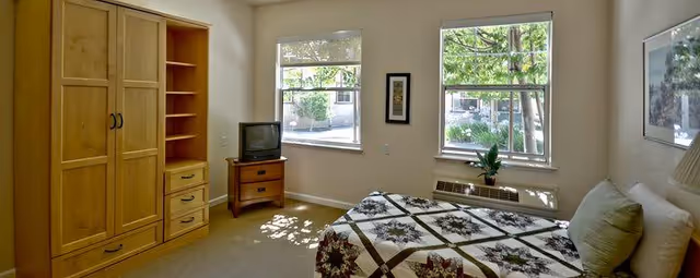 Bright bedroom with a bed, wooden wardrobe, small TV on a nightstand, and two windows showing trees outside.