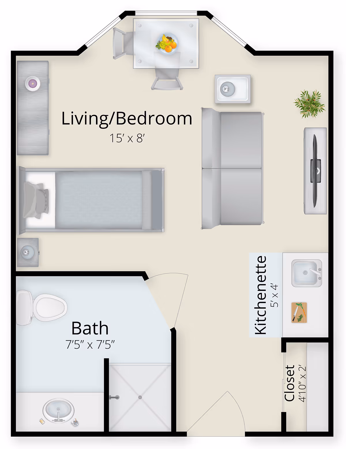 Floor plan of a senior living unit at Masonicare at Middlewoods of Newington showing a combined living and bedroom area measuring 15 by 8 feet, a bathroom measuring 7 feet 5 inches by 7 feet 5 inches, a kitchenette measuring 5 by 4 feet, and a closet measuring 4 feet 10 inches by 2 feet. The living/bedroom area includes a bed, sofa, TV, small dining table with two chairs, and some plants.