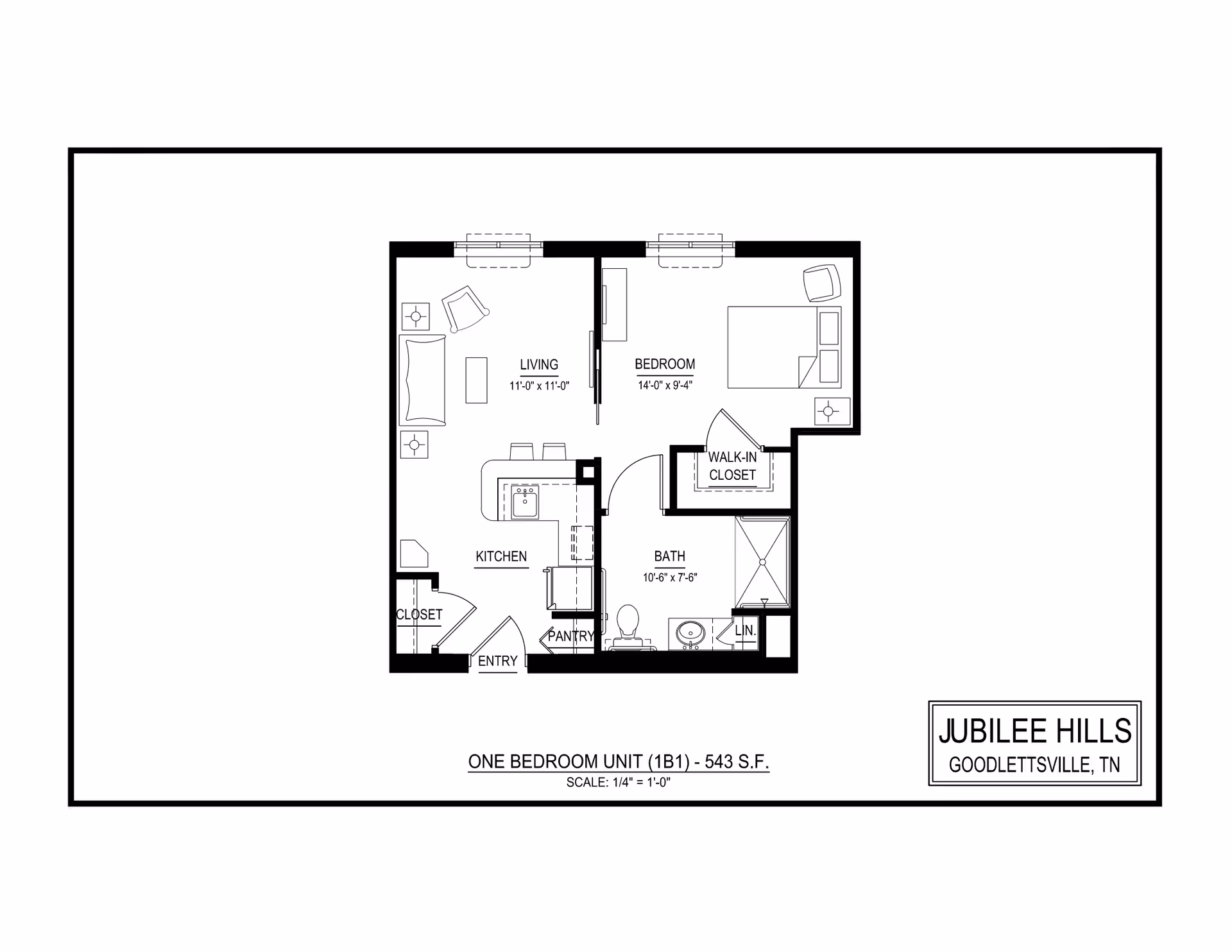 Architectural floor plan of a one-bedroom unit at Jubilee Hills Goodlettsville, showing a living area, kitchen, bedroom with walk-in closet, bathroom, pantry, and entry closet. The unit measures 543 square feet.