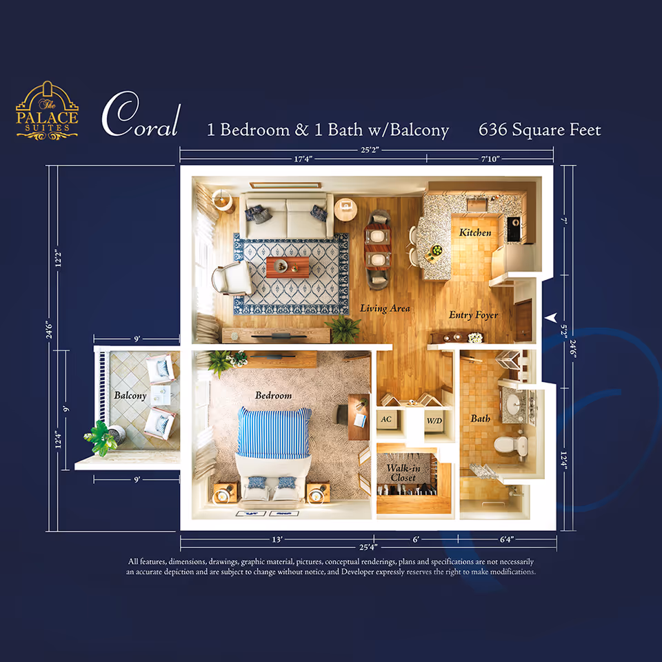 Rendered floor plan of a one-bedroom, one-bath apartment with living area, kitchen, walk-in closet and balcony labeled 'Coral'.