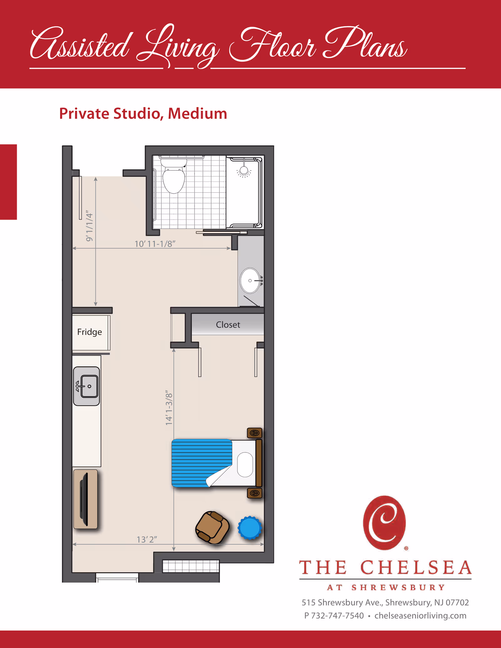 Floor plan of a medium private studio assisted living apartment at The Chelsea at Shrewsbury, showing a combined living and sleeping area with a bed, chair, table, closet, kitchenette with fridge and sink, and a bathroom with toilet and shower.