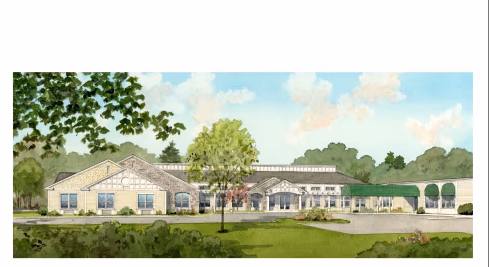 Watercolor illustration of a single-story senior living facility building with a gabled roof, surrounded by green trees and grass under a partly cloudy sky.
