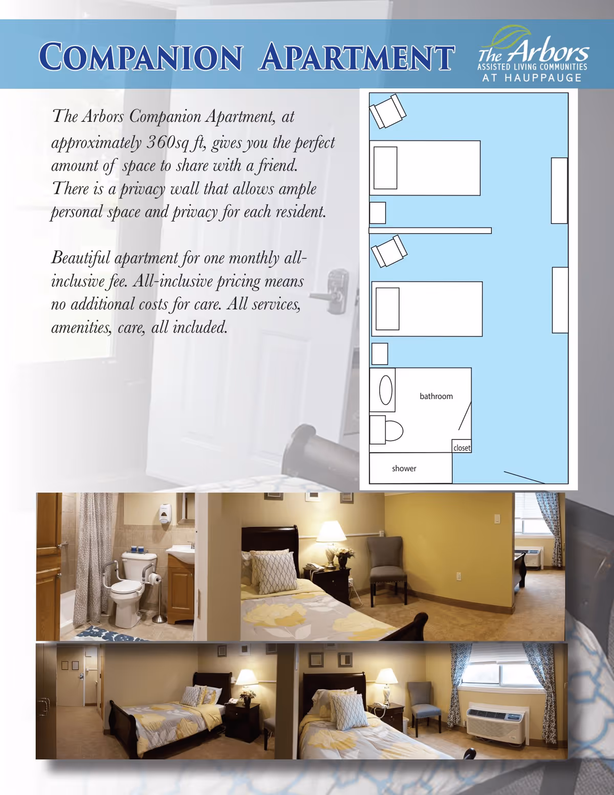 Floor plan and interior photos of a companion apartment at The Arbors Assisted Living in Hauppauge. The floor plan shows two beds separated by a privacy wall, a bathroom with shower, toilet, and closet. The photos show a bedroom with two single beds, bedside tables with lamps, a chair, window with curtains, and a bathroom with toilet, sink, and shower curtain.