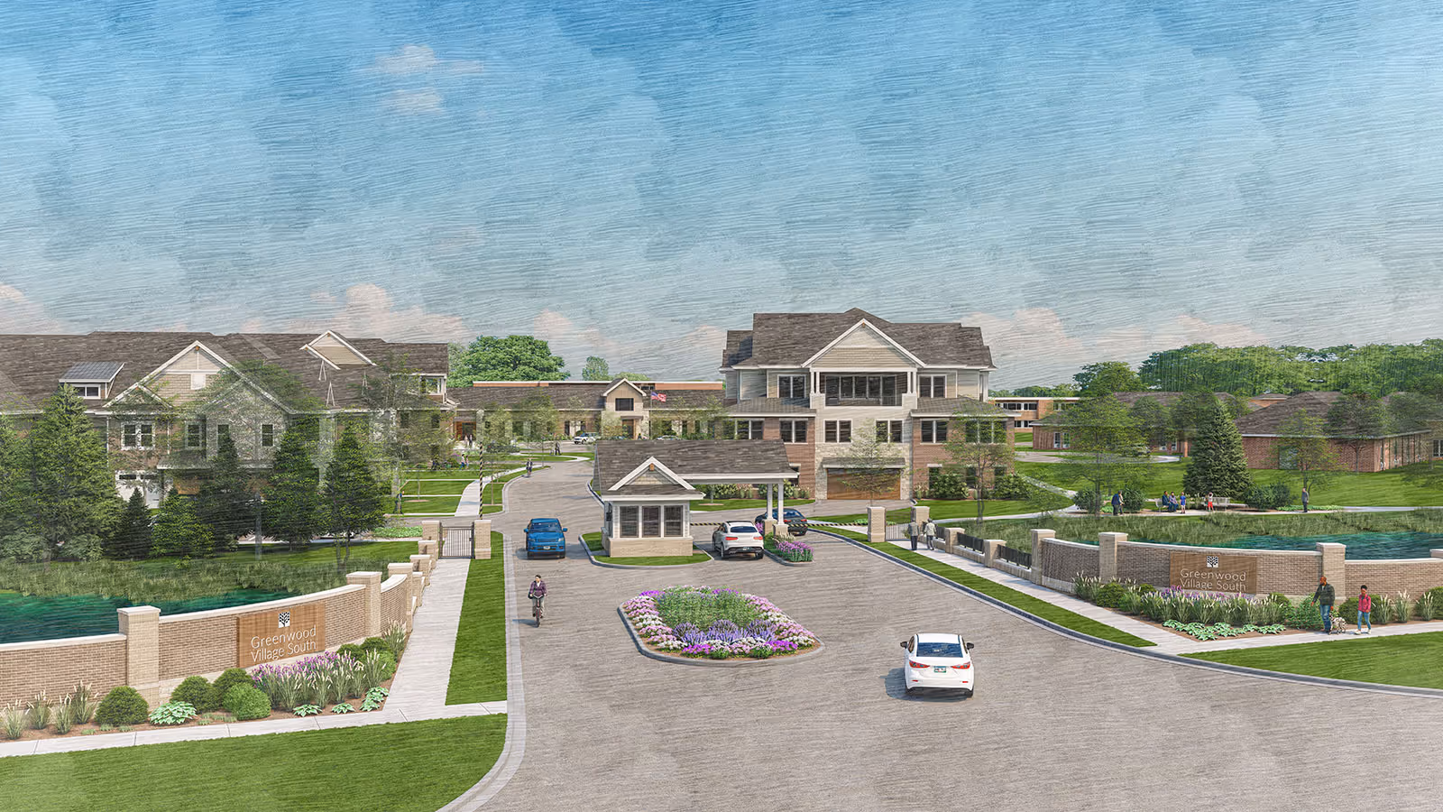 Entrance drive and landscaped grounds of Greenwood Village South senior living complex with a central clubhouse, guardhouse, pond, and parked cars.