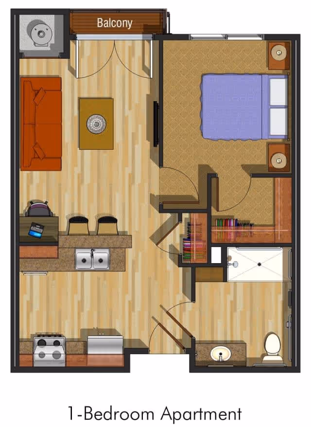 Floor plan of a 1-bedroom apartment at Oakridge Crossing showing a living room with a sofa and coffee table, a kitchen with a stove, sink, and counter with two stools, a bedroom with a bed and two nightstands, a bathroom with a sink, toilet, and shower, a closet with shelves, and a balcony.
