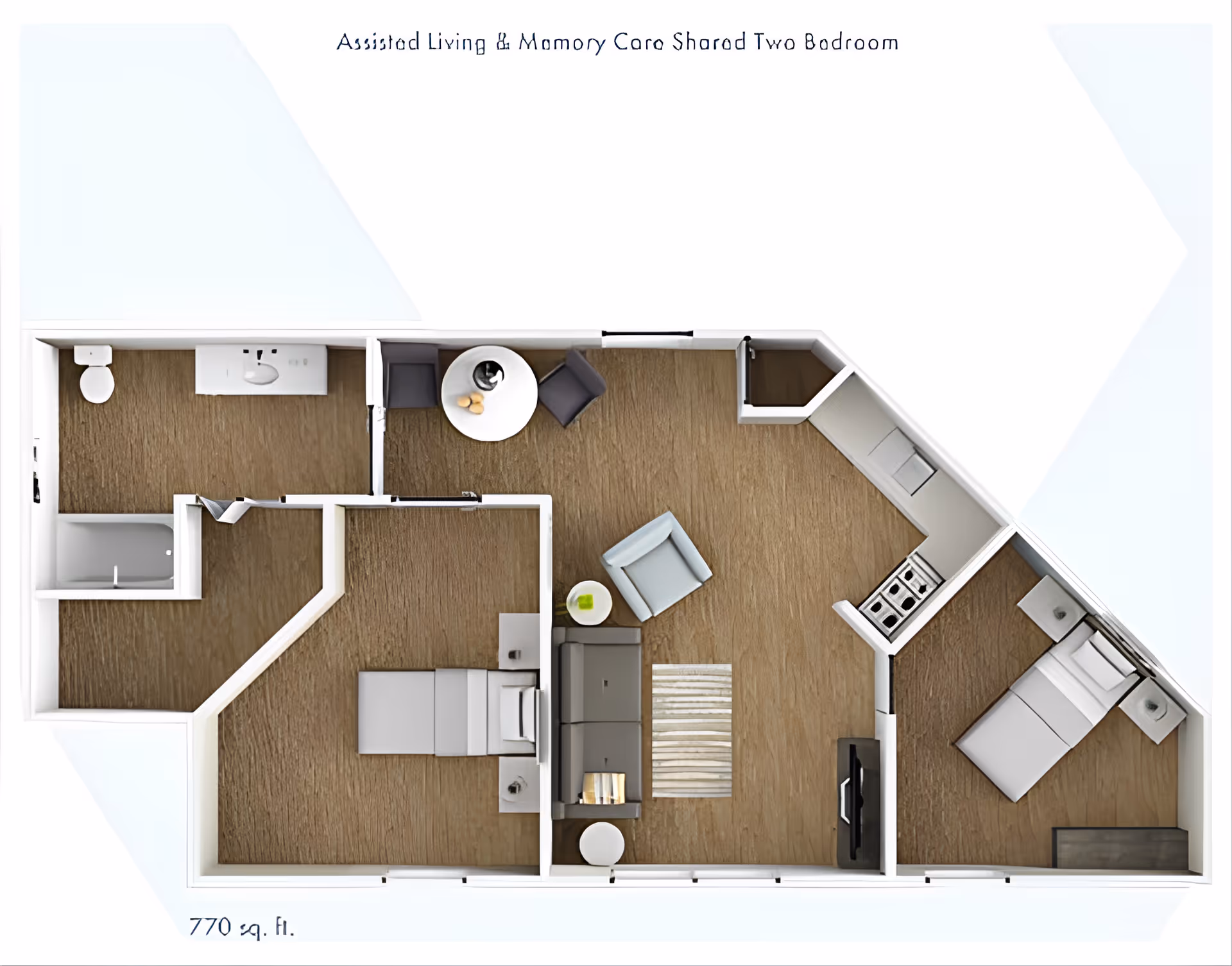 Floor plan of an assisted living and memory care shared two-bedroom apartment showing two bedrooms, a bathroom, a living area with seating and a TV, a small dining area with a round table and two chairs, and a kitchenette. The total area is 770 square feet.