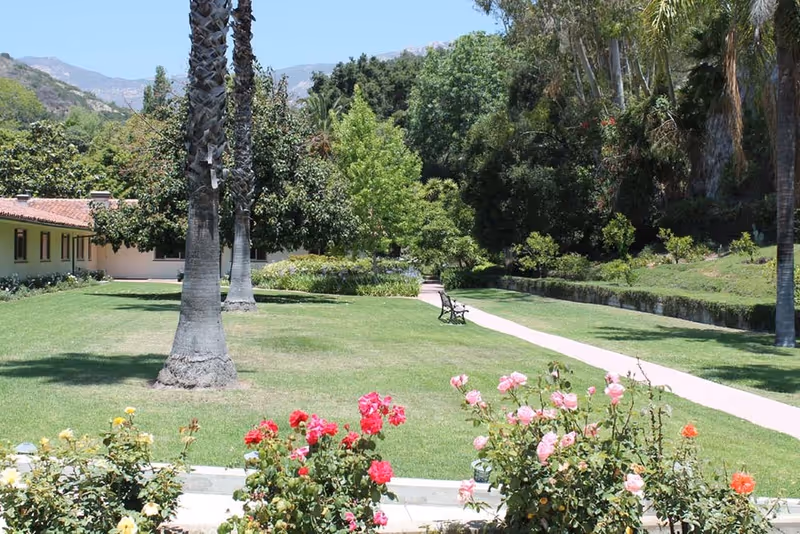 Grassy courtyard with palm trees, rose bushes, a paved walkway and a bench beside a small canal.