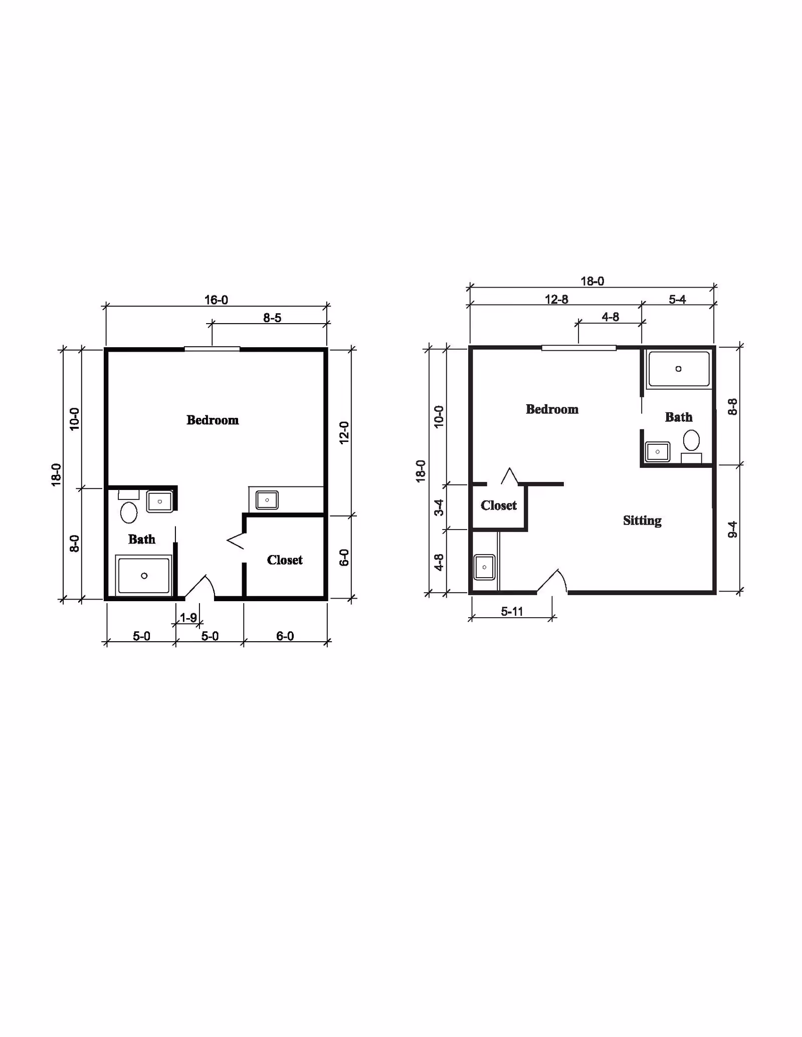 Architectural floor plans showing two different apartment layouts, each with a bedroom, bathroom, and closet. The left layout includes a bedroom, bath, and closet with specific measurements. The right layout includes a bedroom, bath, closet, and a sitting area with detailed dimensions.