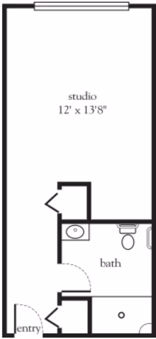 Floor plan of a studio apartment measuring 12 feet by 13 feet 8 inches, including an entry area and a bathroom with a sink, toilet, and bathtub.