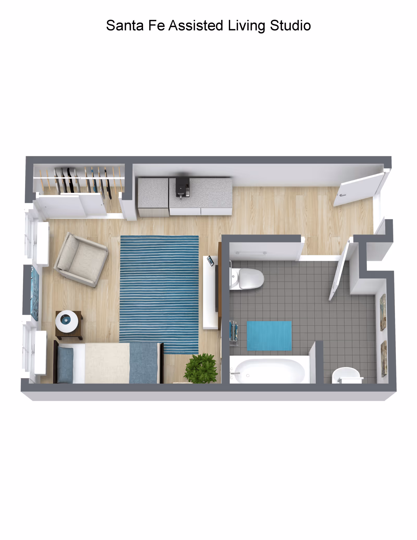 Top-down floor plan of a studio assisted living apartment showing a bed, armchair, kitchenette, closet, rug and an adjoining bathroom.