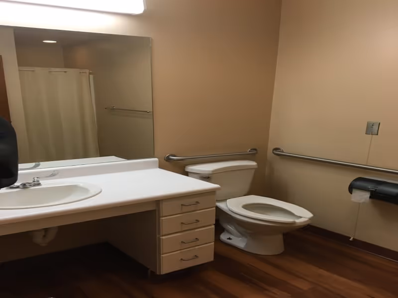 A bathroom with a white sink and countertop on the left, a large mirror above the sink, a toilet with the seat up on the right, beige walls, wooden floor, and metal grab bars on the walls near the toilet. A black toilet paper dispenser is mounted on the right wall.