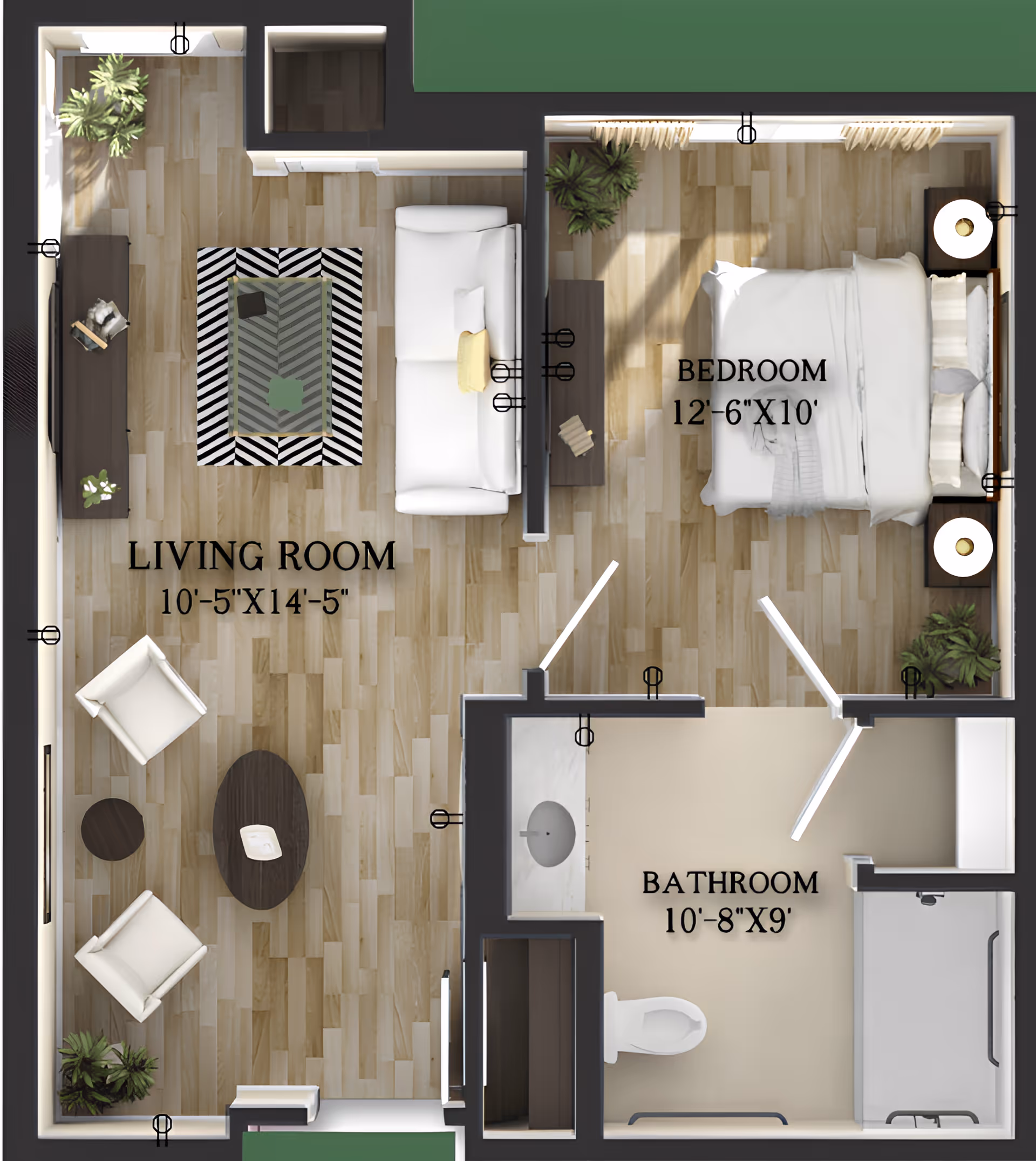 Top-down floor plan of a living space showing a living room with a sofa, two chairs, a coffee table, and a TV stand; a bedroom with a bed, two nightstands with lamps, and a dresser; and a bathroom with a sink, toilet, and shower. The living room measures 10'-5" by 14'-5", the bedroom measures 12'-6" by 10', and the bathroom measures 10'-8" by 9'.