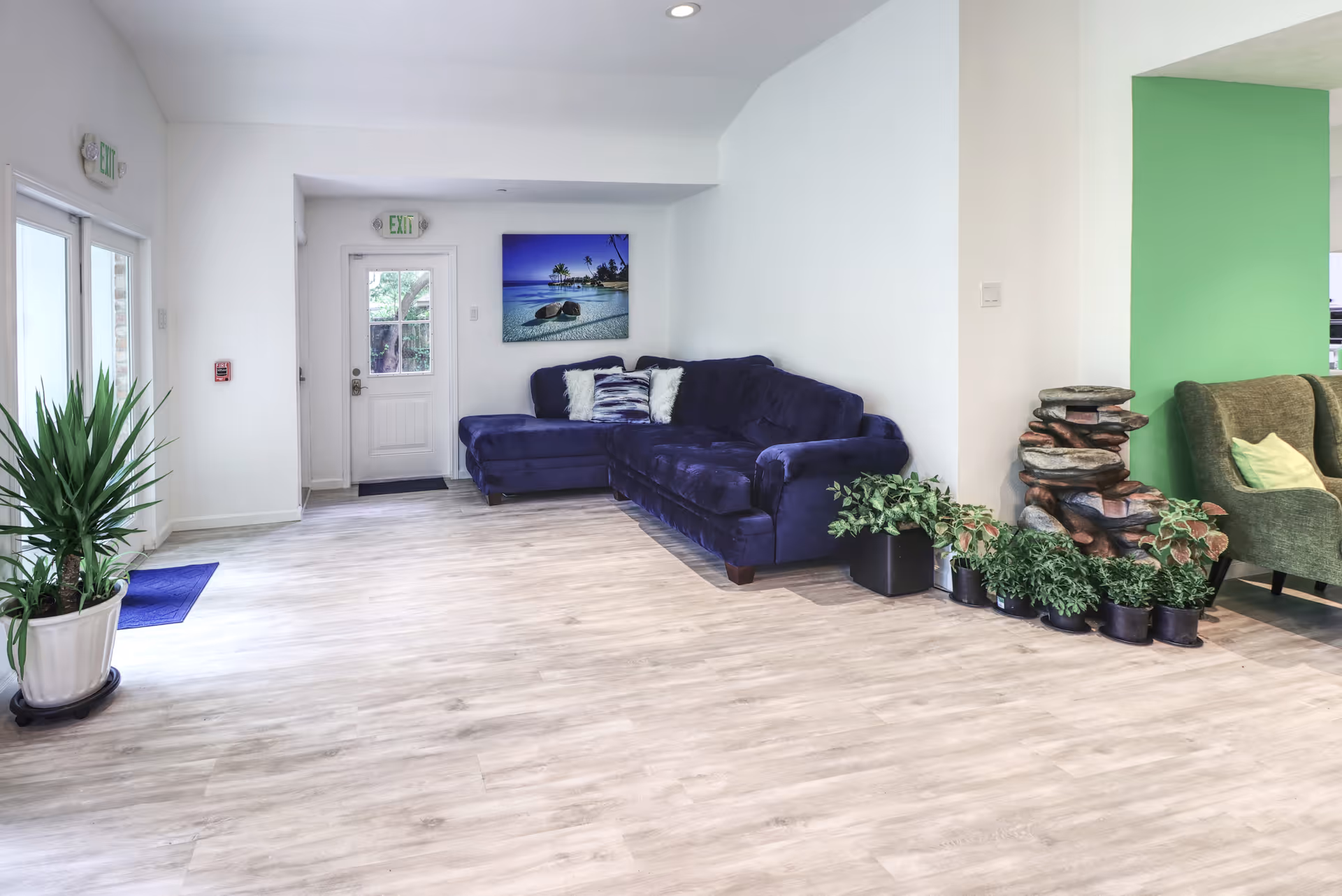 A bright and spacious living room area with light wood flooring, a dark blue sectional sofa with decorative pillows, several potted plants, a small indoor rock fountain, and a green accent wall. There is a white door with a window and exit signs above it, and a large window letting in natural light.