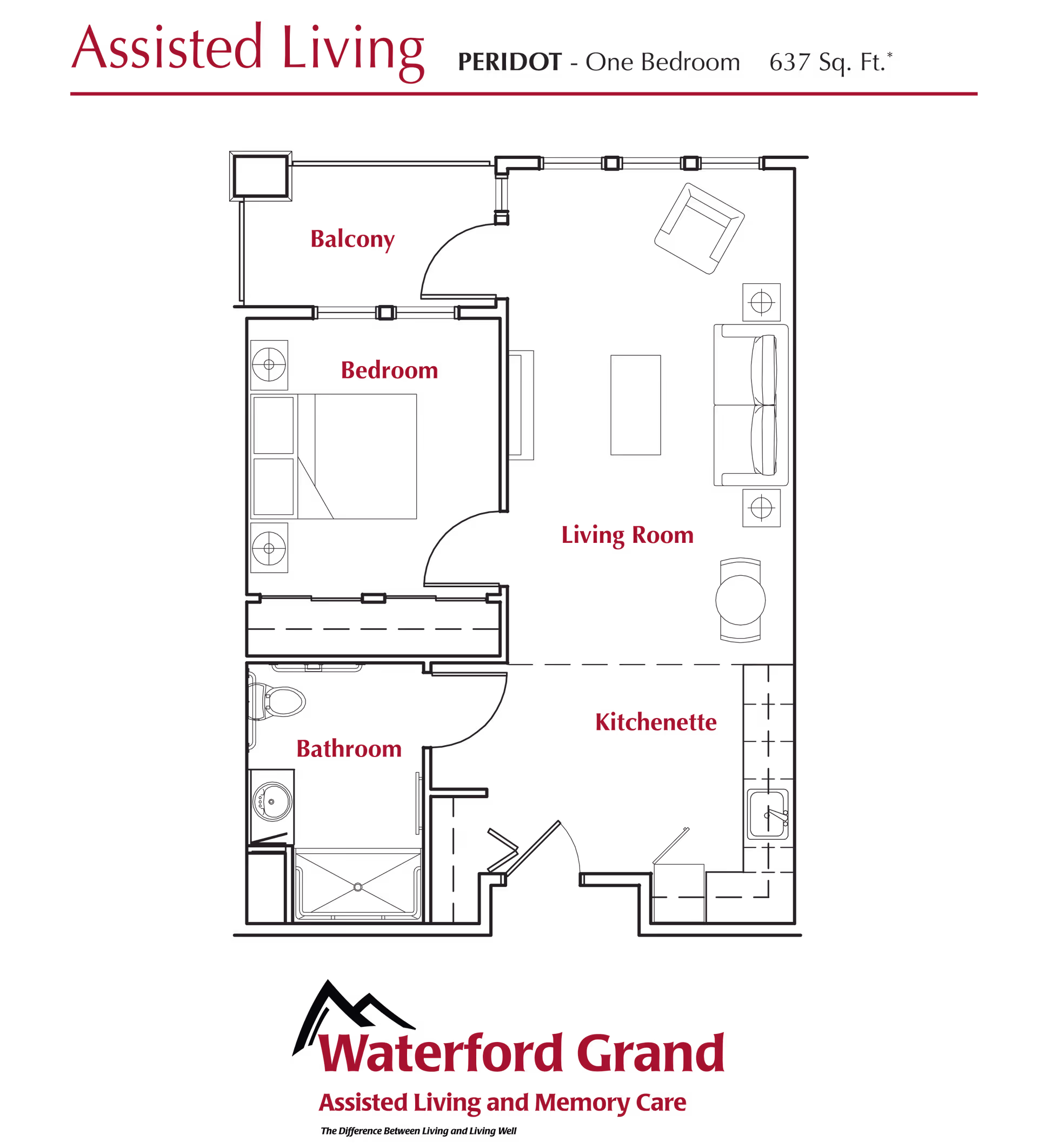 Floor plan of an assisted living one-bedroom unit named Peridot at Waterford Grand, showing a balcony, bedroom, living room, kitchenette, and bathroom in a 637 square feet layout.