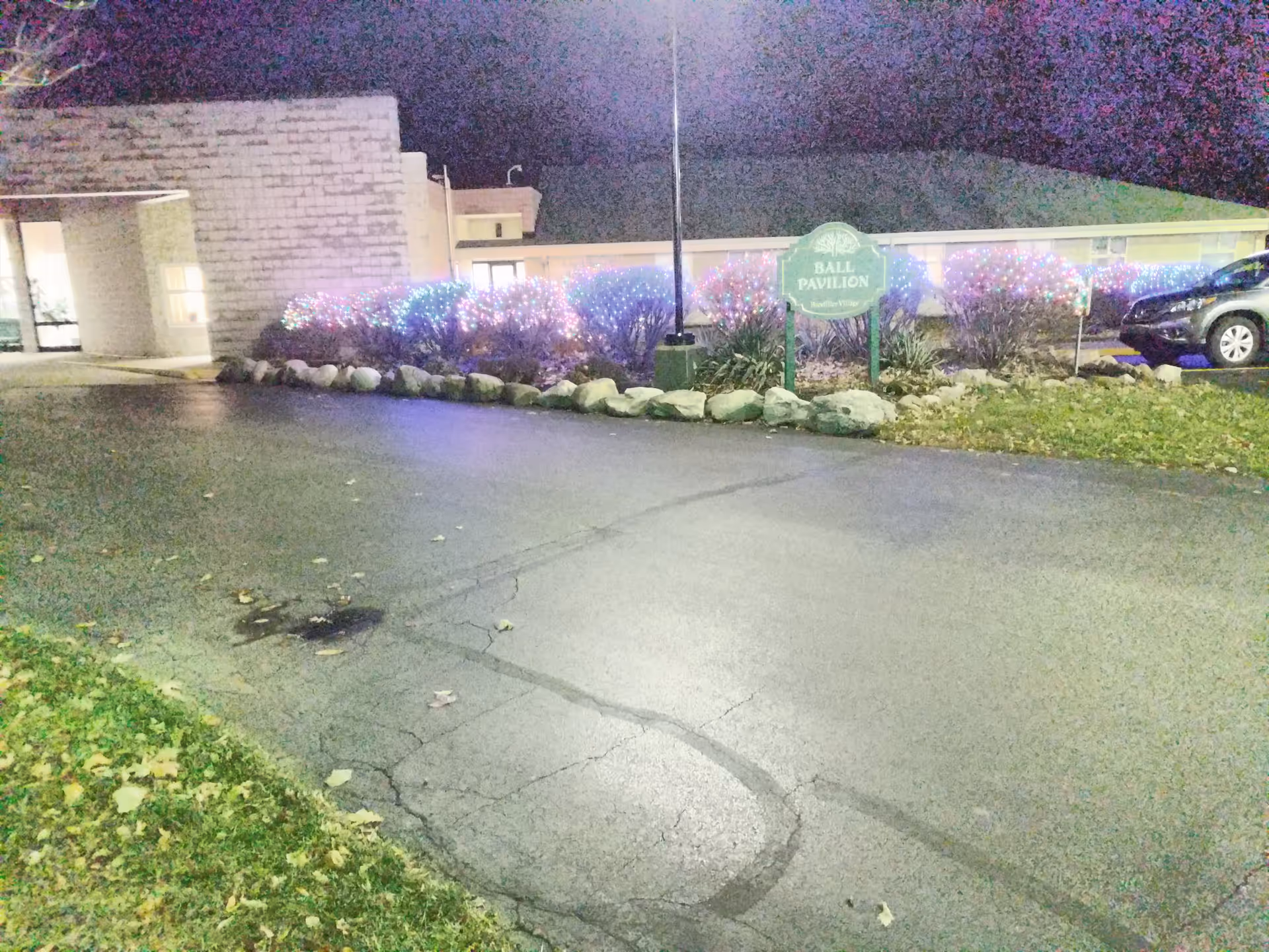 Nighttime view of a building front and parking area with a 'Ball Pavilion' sign and bushes decorated with colorful lights.