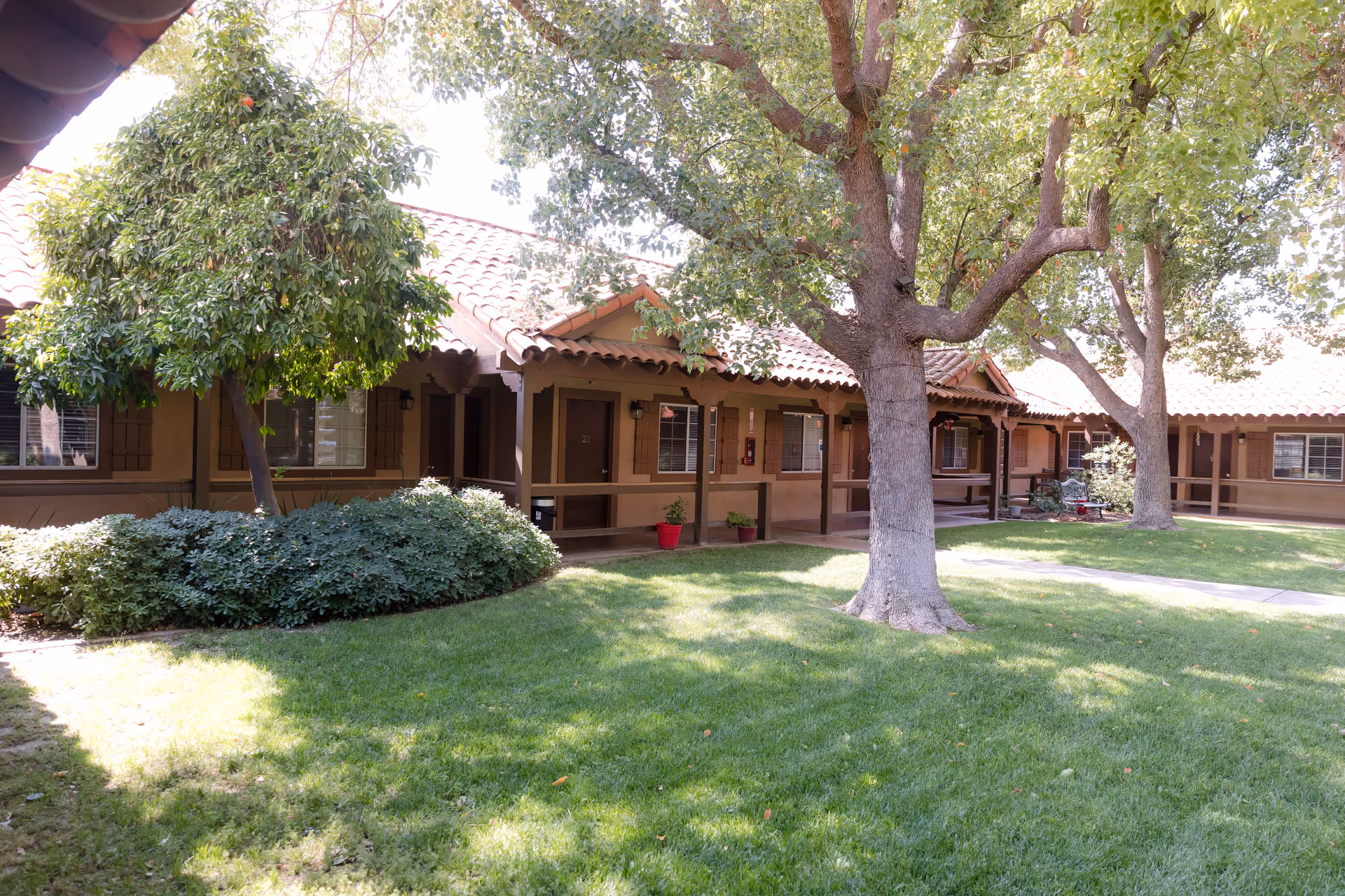Outdoor courtyard area of Hacienda Senior Living with green grass, large trees providing shade, and a building with a tiled roof and several doors and windows along a covered walkway.