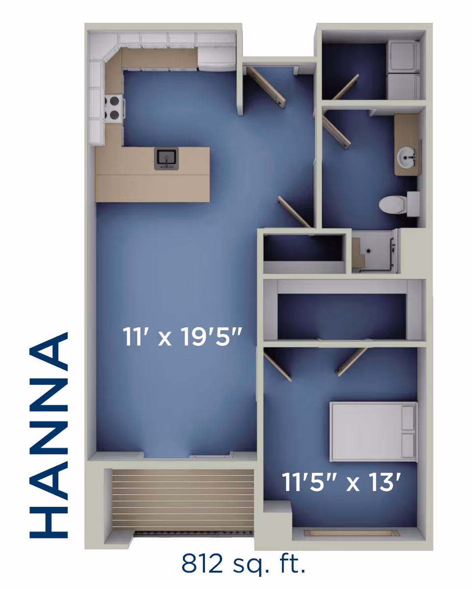 Floor plan layout of an 812 square feet apartment named Hannah, showing a kitchen area, living space, bedroom, bathroom, and laundry area with dimensions labeled.