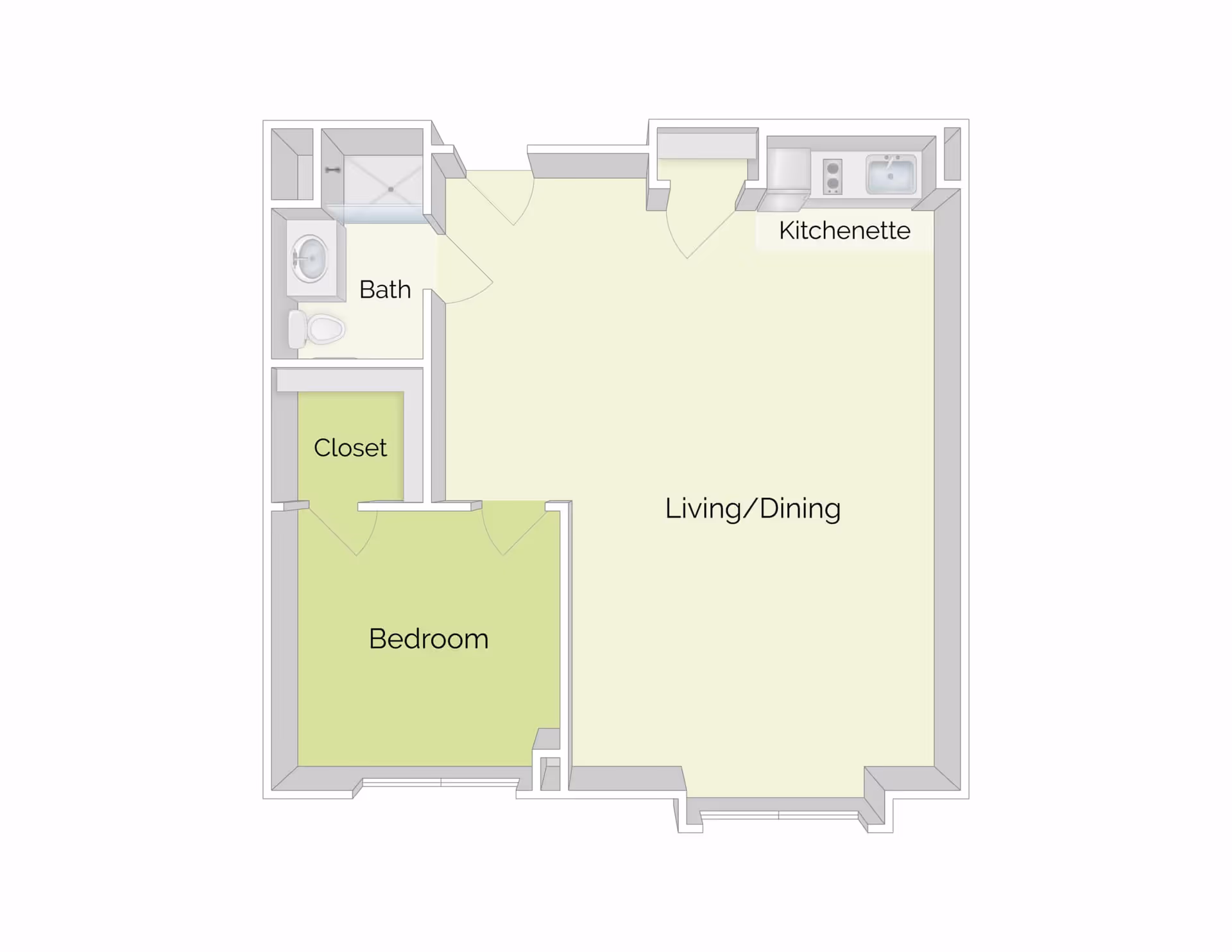Floor plan of a one-bedroom apartment showing a bedroom, closet, bath, kitchenette, and combined living/dining area.