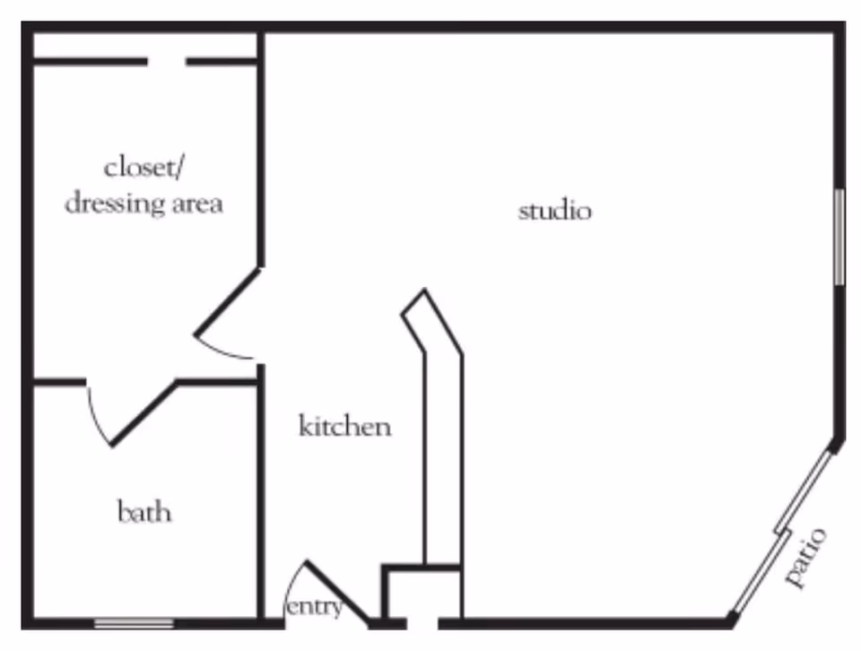 Floor plan of a studio apartment at Atria Valley Manor showing an entry, kitchen, studio living area, closet/dressing area, bath, and a patio.