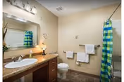 Well-lit bathroom with a vanity and sink under a mirror, a toilet, towel racks with white towels, and a blue-green checkered shower curtain.