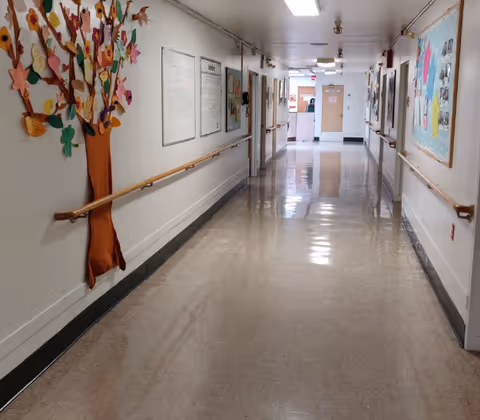 A clean, well-lit hallway in a senior living facility with handrails on both sides. The walls are decorated with colorful bulletin boards and a large paper tree with notes and decorations. Doors line the hallway, and the floor is shiny and reflective.