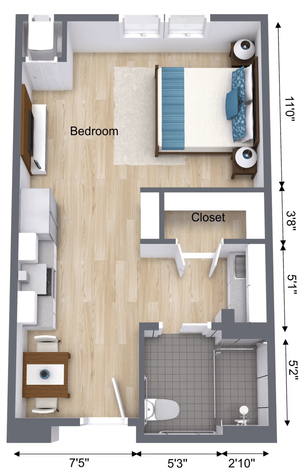 Top-down floor plan of a studio apartment showing a bedroom area with bed, closet, kitchenette, dining table and bathroom.