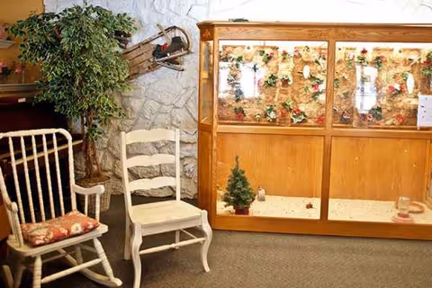 Cozy interior corner with white chairs, a potted plant, and a wooden display cabinet.