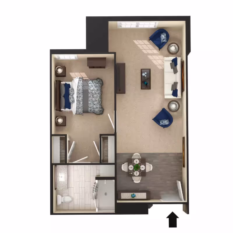 Top-down rendered floor plan of a one-bedroom apartment showing a living room, dining area, bedroom, and bathroom.
