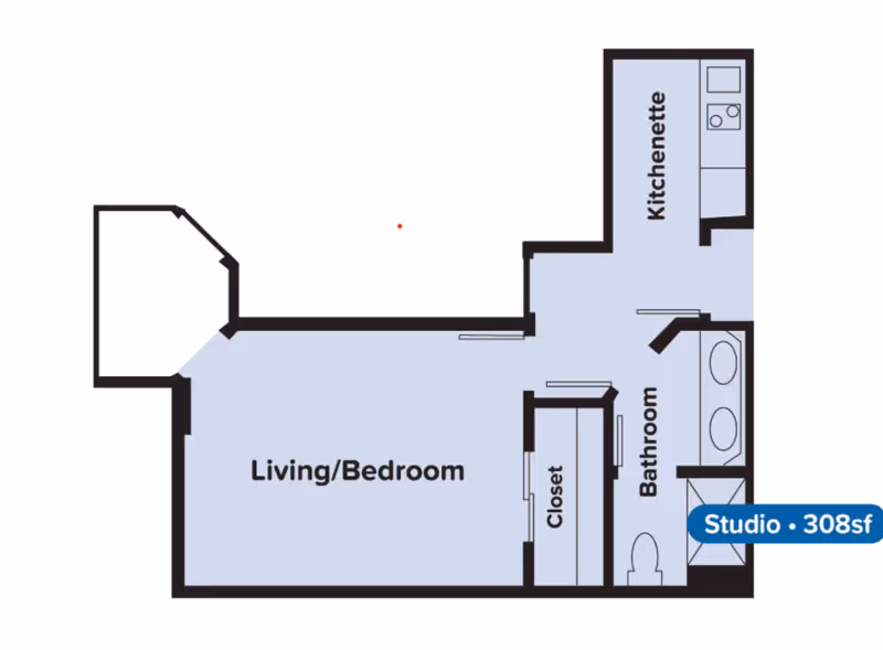 Floor plan of a studio apartment at Peaks At Millcreek showing a combined living and bedroom area, a kitchenette, a bathroom, and a closet. The total area is 308 square feet.